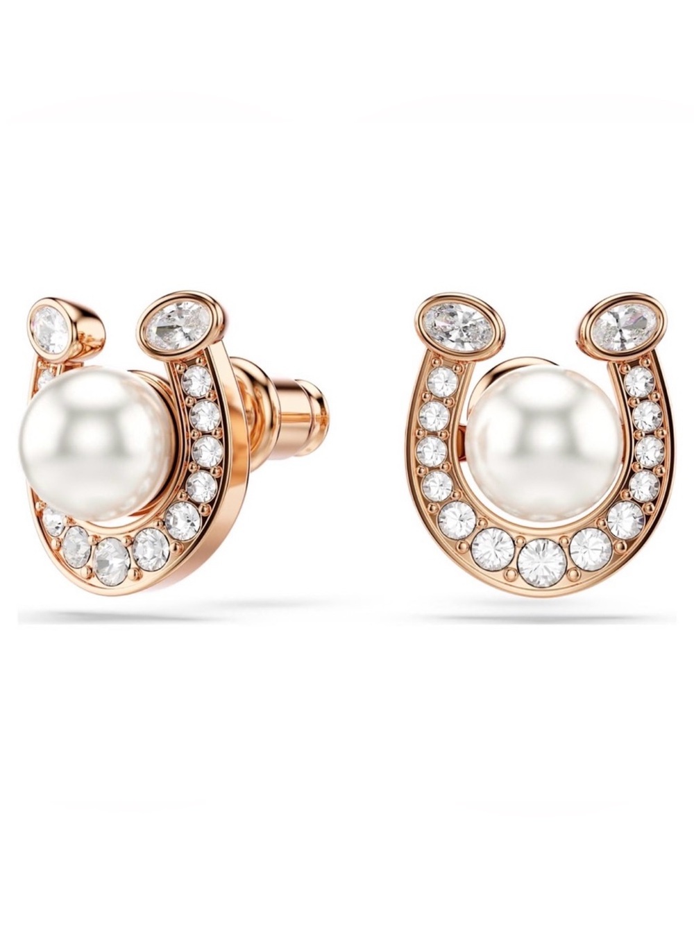 Swarovski Crystal Pearl Pave Rose Gold-Tone Plated Horseshoe Earrings NIB